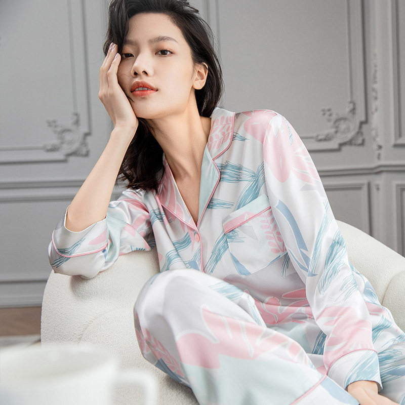 杭州丝绸春秋高档真丝睡衣女士长袖长裤叶子印花100%桑蚕丝家居服