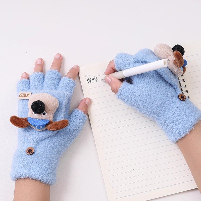 儿童写字手套男童半指翻盖两用冬季保暖加厚针织学生分指露指可爱