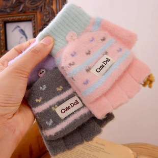 儿童手套女童半指翻盖秋冬保暖防寒女孩露指学生写字半截分指可爱