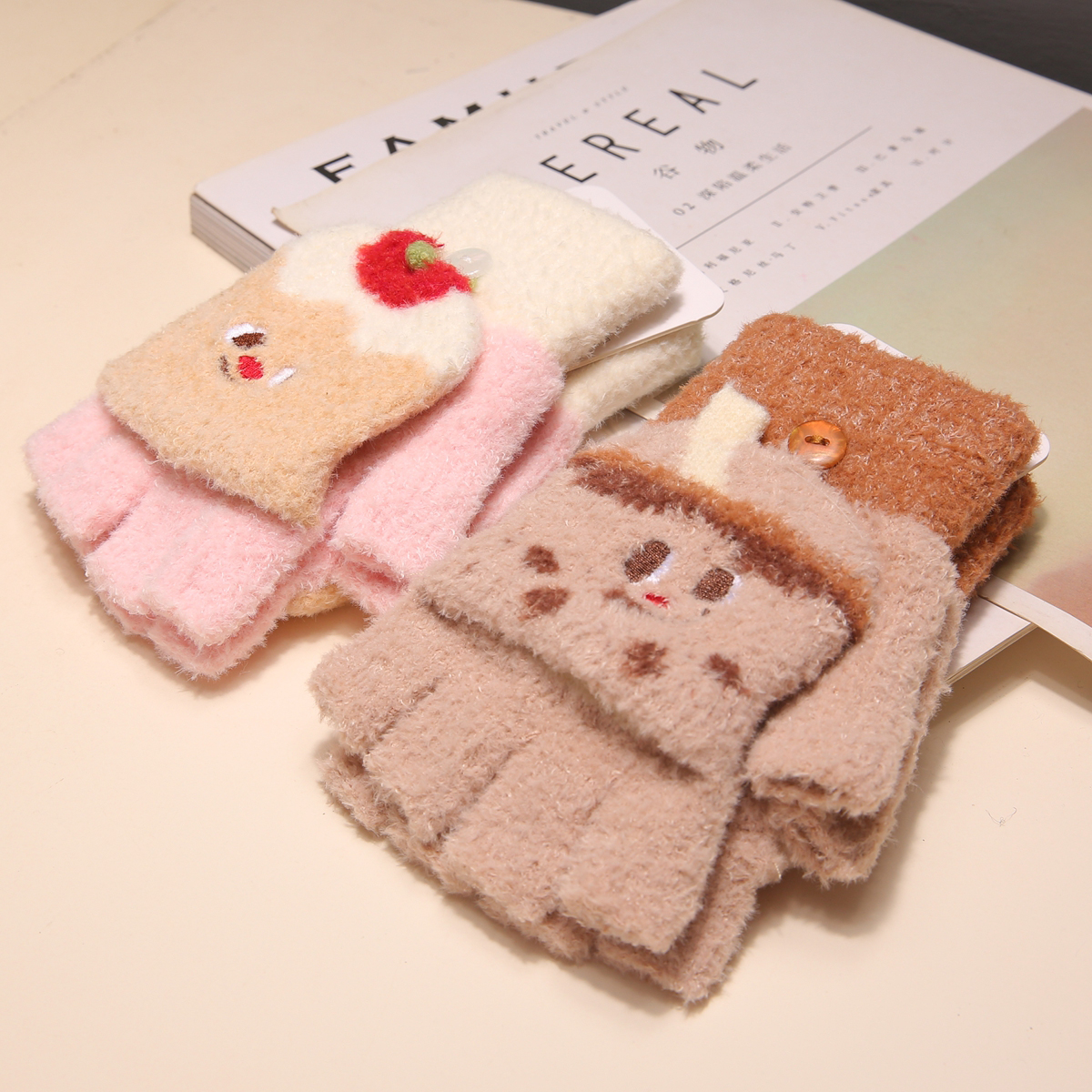 儿童半指翻盖手套女冬季加厚保暖