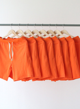 夏季薄款纯棉毛圈布抽绳橘色 橙色 橘色卫裤短裤男女运动bf风宽松