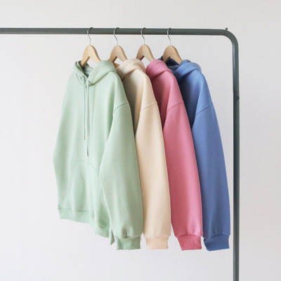 秋冬季纯色银狐绒加绒加厚糖果色杏色淡绿色连帽卫衣男女bf风宽松