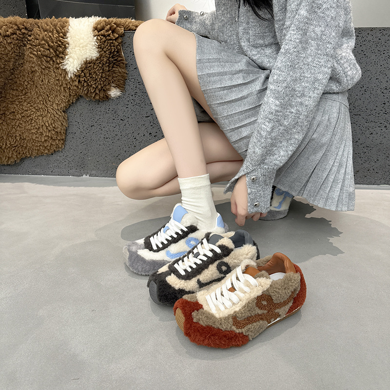 2025超火秋冬新款毛毛真皮德训鞋女内增高复古休闲拼色运动阿甘鞋