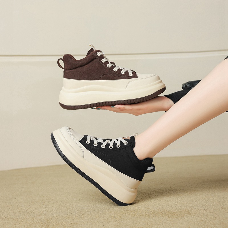 棕色厚底高帮鞋女2025新款秋冬加绒保暖休闲运动面包鞋低帮短靴子