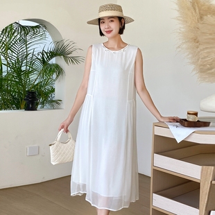 杭州简约真丝桑蚕丝连衣裙女白色顺纡轻奢无袖宽松年轻版长裙