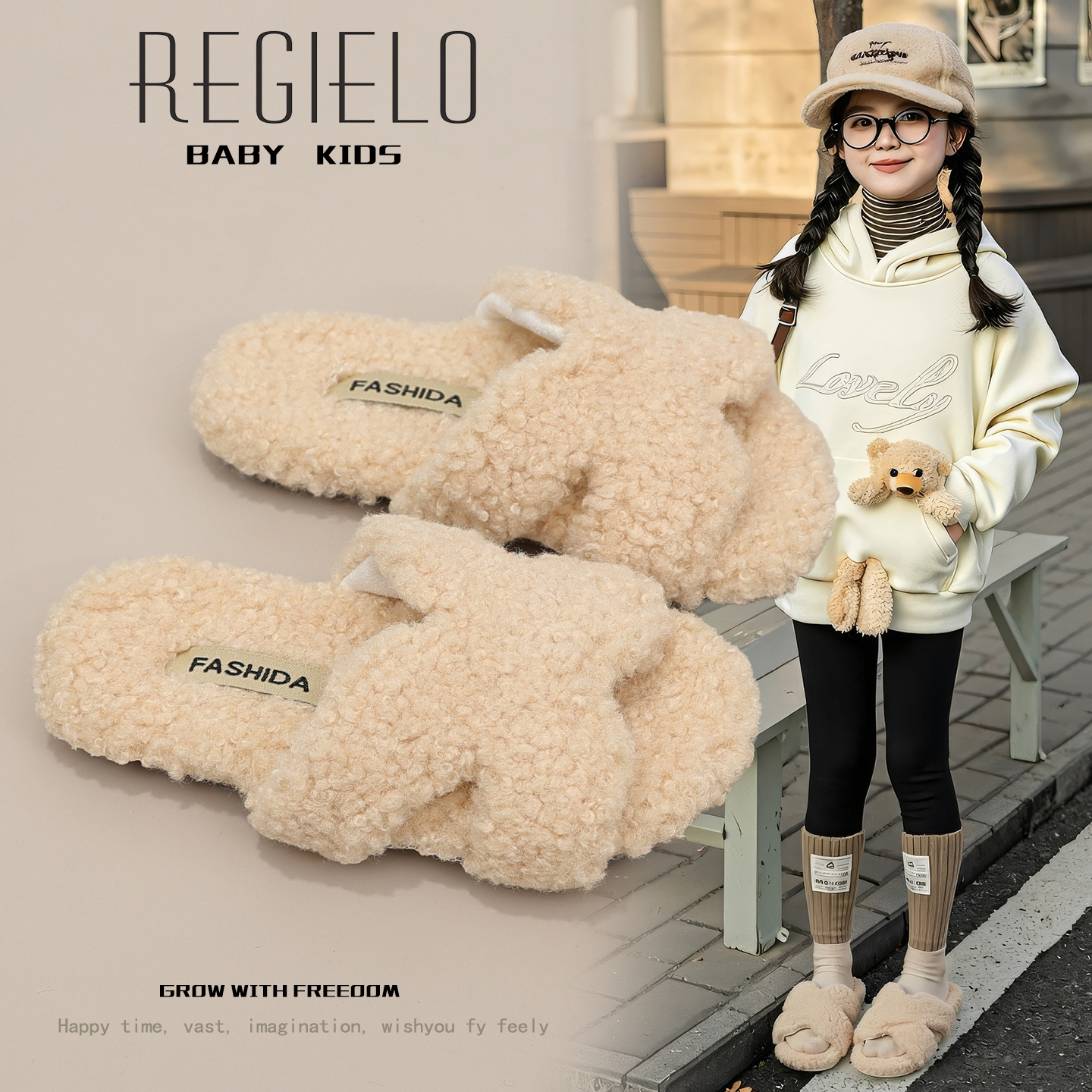 冬季新款女童公主毛毛棉拖鞋