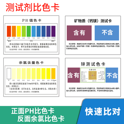 PH酸碱度 余氯比色卡 锌钙镁矿物质防水标准双面大张对比色卡A4