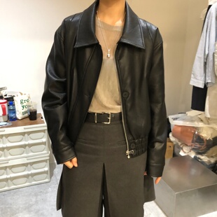 老钱风翻领Pu皮衣女2026春季 宽松下摆松紧皮夹克外套MG26002 新款