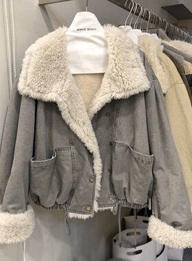 ins韩系复古休闲立领翻领牛仔拼接毛毛外套女加绒加厚派克MG58276