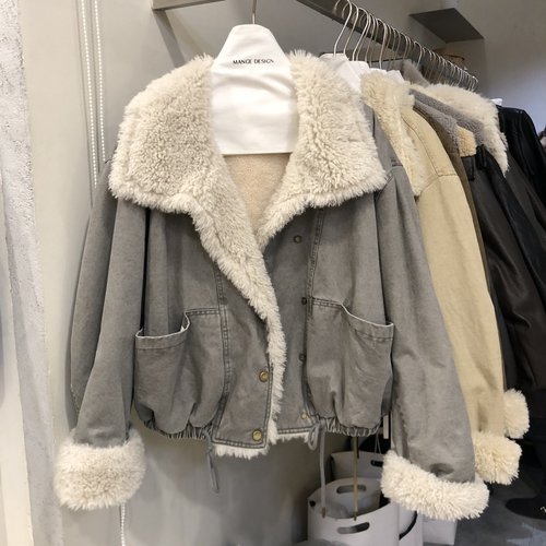 ins韩系复古休闲立领翻领牛仔拼接毛毛外套女加绒加厚派克MG58276