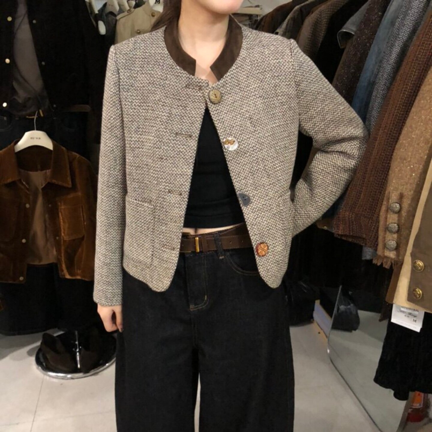 老钱撞色麂皮绒拼接呢料外套女2026秋季新款通勤气质夹克MS68551