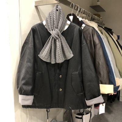 90白鸭绒针织围脖中长款Pu皮衣羽绒服女2025冬季宽松外套MG58281