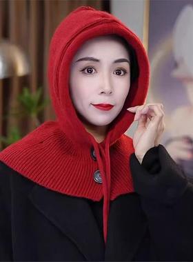 巴拉克拉法帽秋冬新款针织保暖帽子围脖一体加厚多功能帽纯色围巾