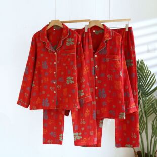 中老年双层纯棉纱布睡衣男女本命年百福红四季薄款情侣家居服套装