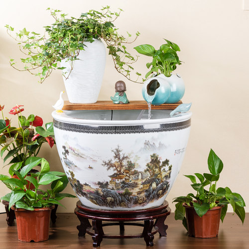 景德镇陶瓷金鱼缸客厅家用循环流水种荷花睡莲盆养乌龟老式大水缸