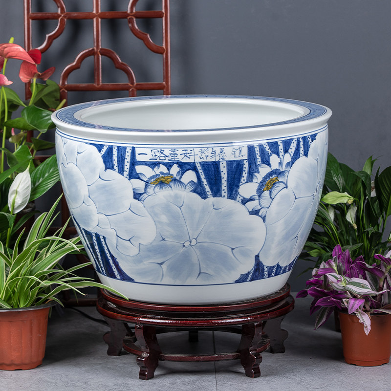 景德镇手绘陶瓷古法养鱼缸荷花碗莲荷花缸盆家用养乌龟老式大水缸