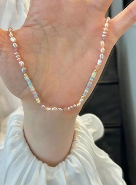 小众迷你不规则巴洛克粉紫色串珠项链气质轻奢百搭锁骨链新款