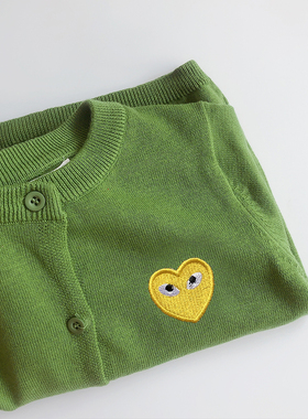 日系春夏童装男女儿童宝宝草绿色纯棉针织爱心开衫亲子毛衣薄外套