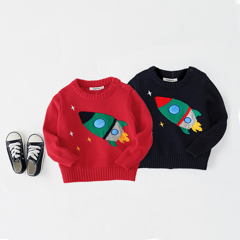 日系春秋新婴幼儿男女宝宝纯棉线藏青色飞船毛衣中小童开肩扣毛衫