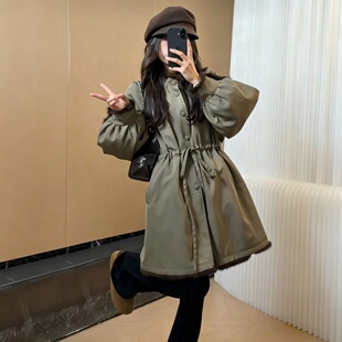 冬季新款韩版夹毛抽绳中长款女显瘦百搭派克服