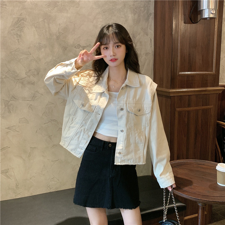 實拍實價 春季韓版復古彩色牛仔工裝夾克顯瘦長袖牛仔外套女