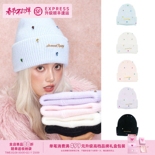 兔毛少女风！泫雅风彩色水钻针织帽女冬季保暖帽子显脸小百搭冷帽