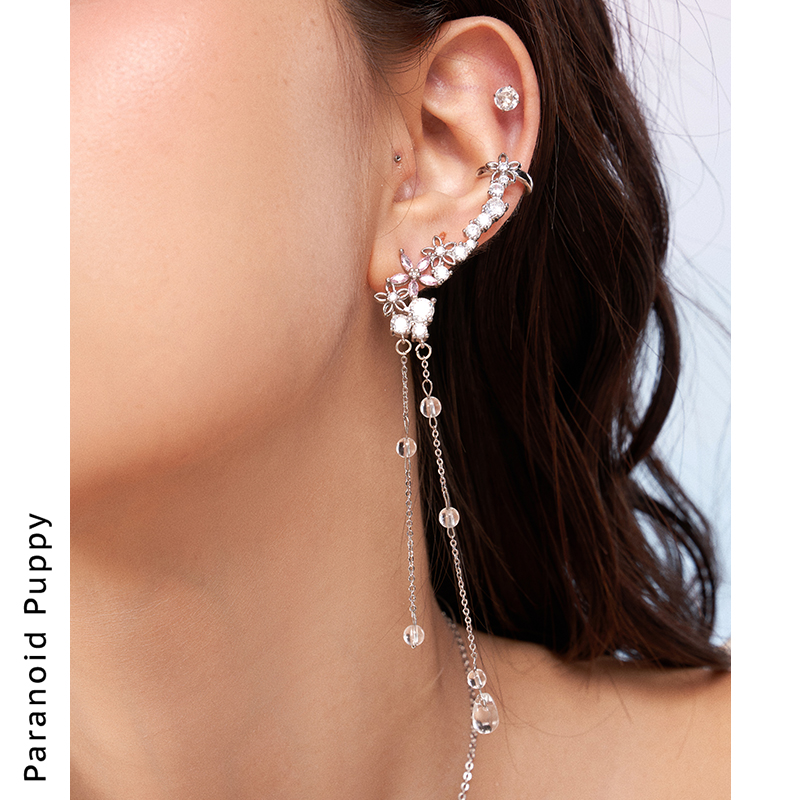 PP饰品《清雨》花朵白水晶925纯银流苏耳环女小众设计无耳洞耳夹