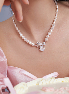 PP饰品《浪漫之名》 蝴蝶结珍珠925纯银项链女小众轻奢气质锁骨链