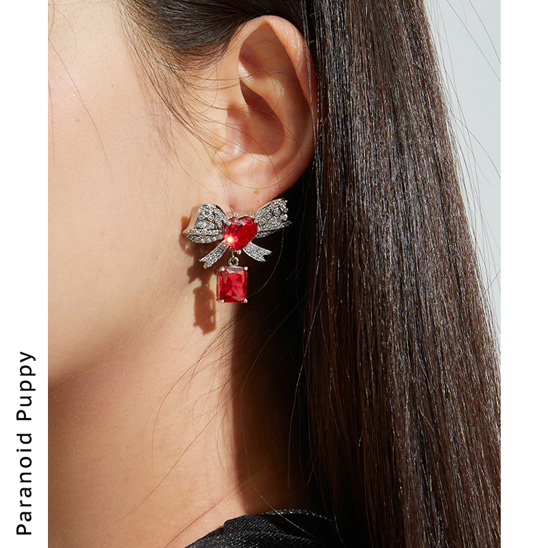 法式红色爱心轻奢小众水晶耳坠