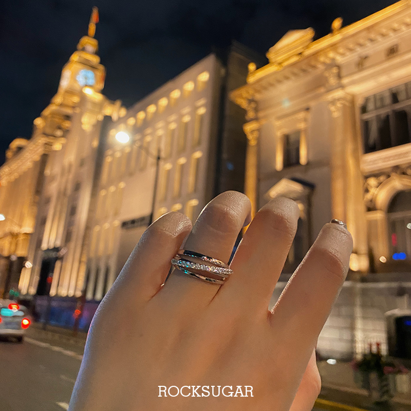 冰糖银饰/ 小众设计款韩国ins多层环绕交叉925纯银闪闪排钻戒指女