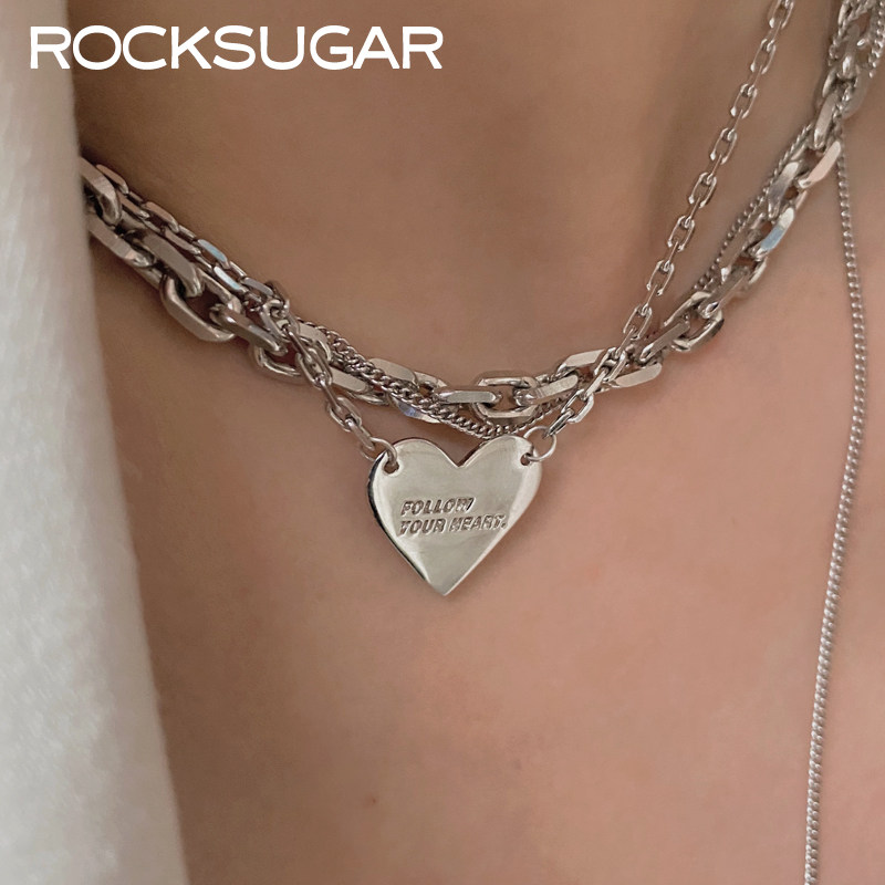 S925纯银爱心形粗链条锁骨项链女