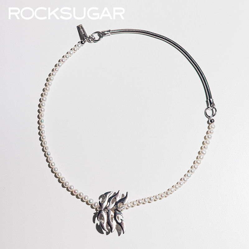 ROCKSUGAR蝴蝶Y2K欧美辣妹天然珍珠拼接蛇骨链短S925银项链Choker