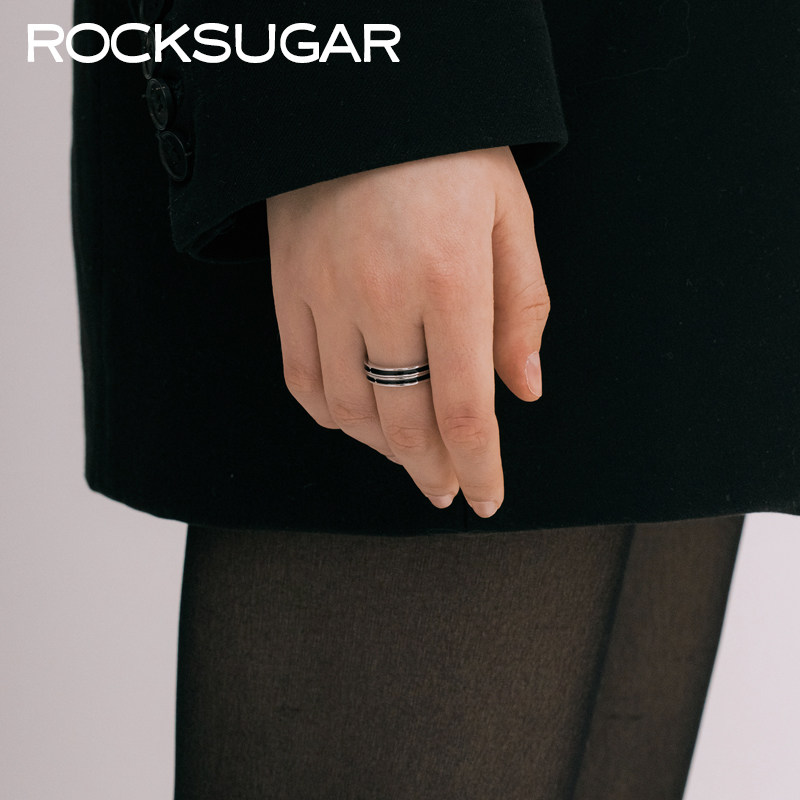 S925纯银黑色滴胶冷淡风情侣戒指