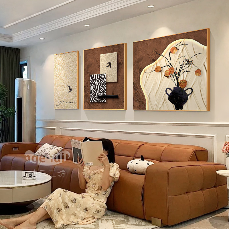 客厅装饰画中古风柿柿如意沙发背景墙挂画2026新款高档大气壁画,家居饰品,现代装饰画,淘宝优惠券,粉丝福利购,淘宝优惠卷
