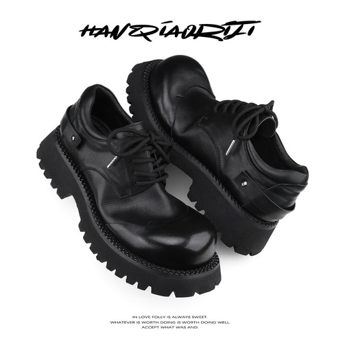 韩桥日记[黑血系列]头层牛皮大头德比鞋男潮厚底增高休闲通勤皮鞋