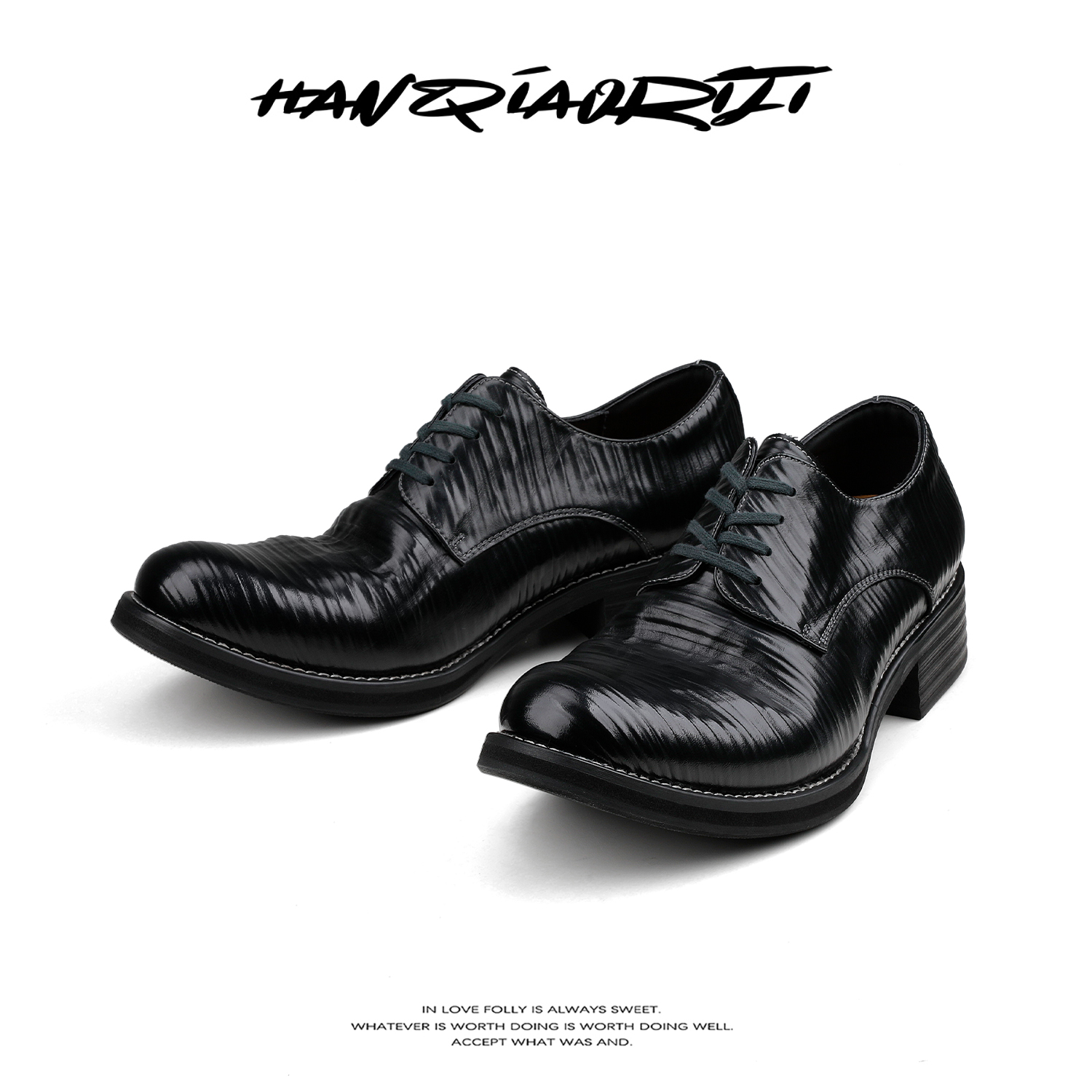 韩桥日记头层褶皱牛皮尖头德比鞋