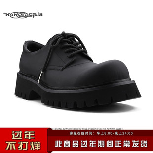 韩桥日记[幽渊系列]通勤碳黑真皮德比鞋男大头米奇鞋厚底休闲皮鞋