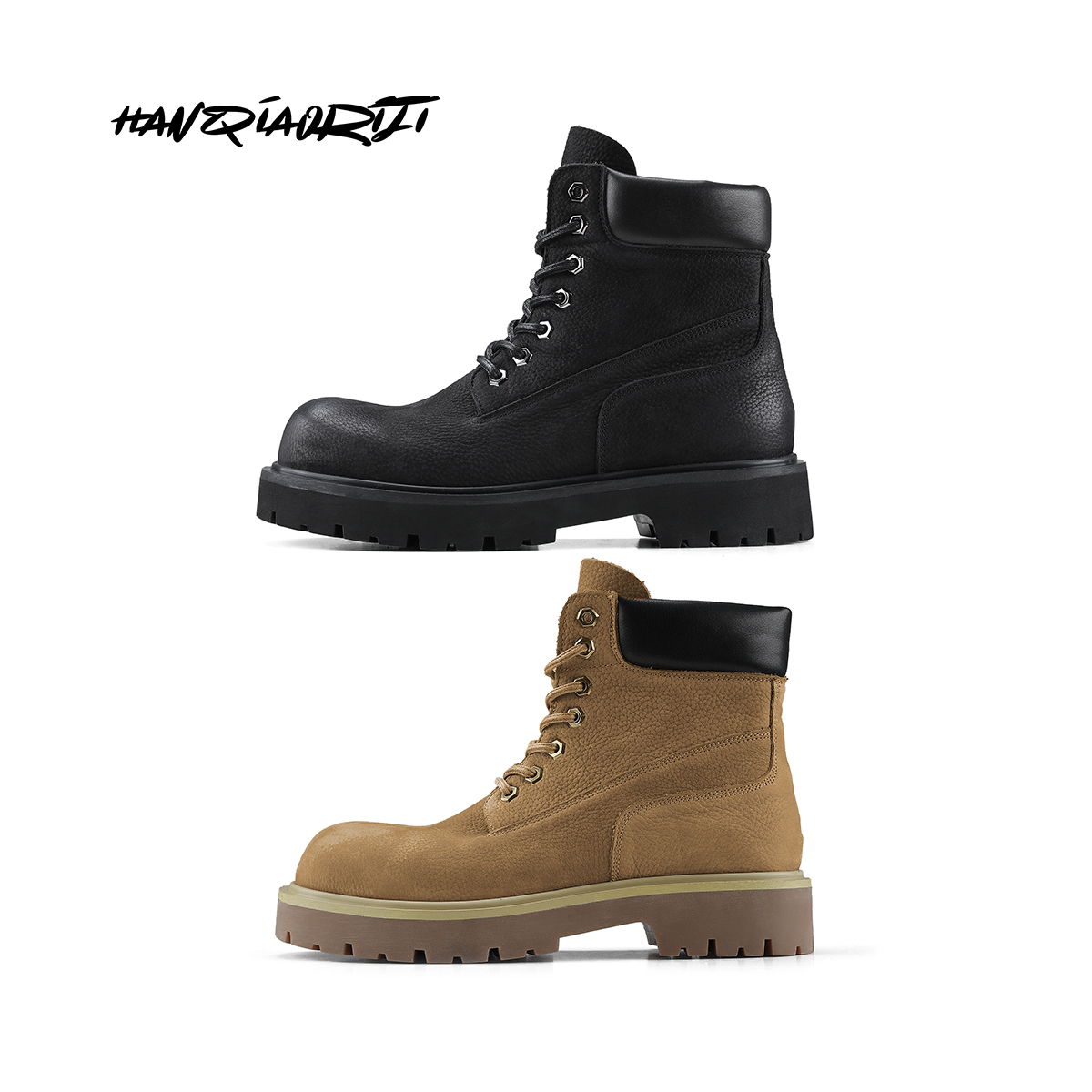 韩桥日记头层牛皮厚底圆头大黄靴