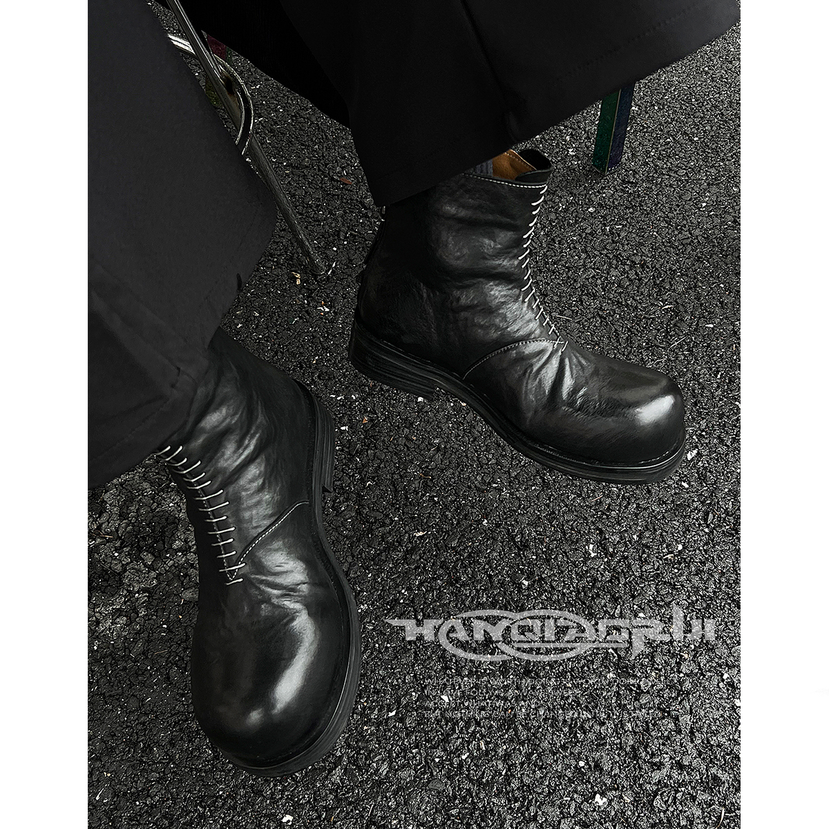 韩桥日记小众暗黑牛皮切尔西靴