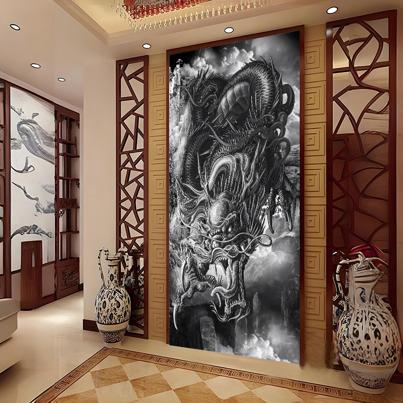 传统神龙墙布刺青纹身店墙纸墙壁画纹绣竖挂布直播背景布装修壁纸
