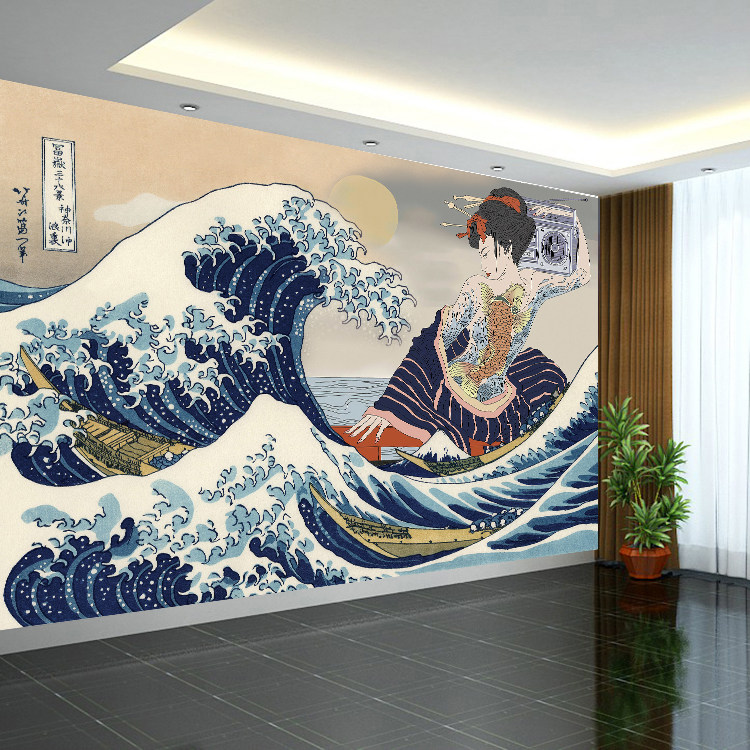 纹身店装饰墙纸壁纸日式浮世绘纹绣壁画挂布艺伎美女背景布墙布