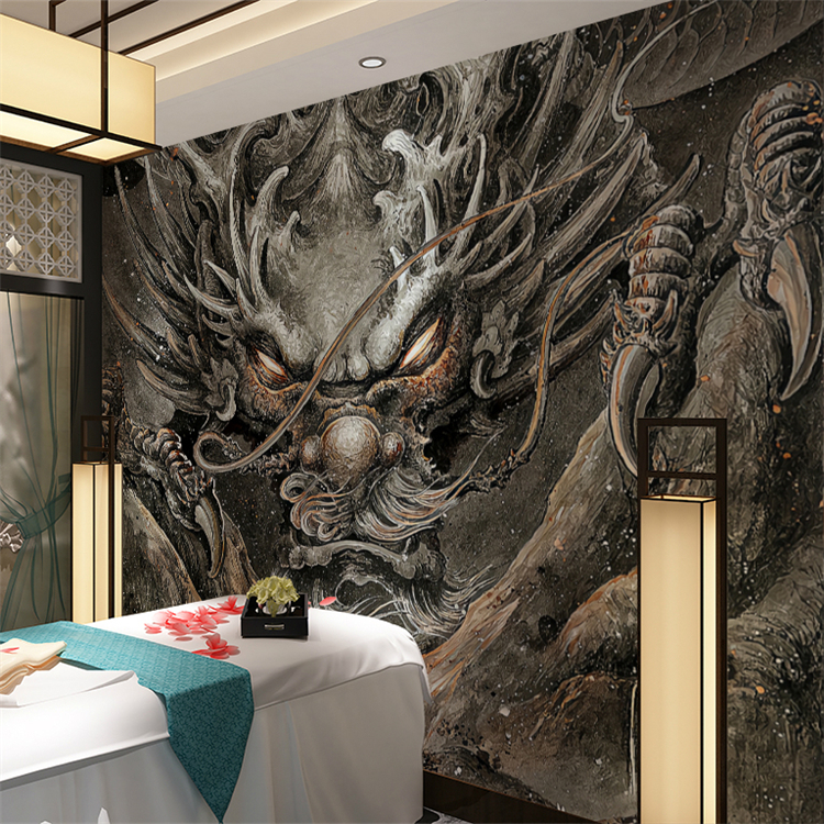 纹身墙纸纹身店墙纸背景墙壁纸青龙图案壁画刺青工作室装饰背景布