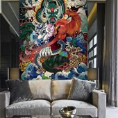 中国龙传统纹身店墙纸背景墙壁画客厅直播背景布装 修壁纸刺青墙布