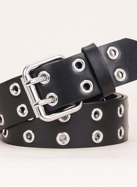 真皮腰带女2025春新款复古朋克风y2k皮带双排扣铆钉腰带配牛仔裤