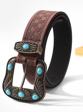 BradyMelivette 2025新款Y2K铆钉腰带绿松石个性百搭西部牛仔裤带