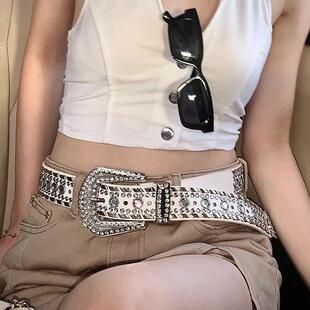 y2k皮带辣妹哥特朋克暗黑镶钻腰带复古做旧牛仔裤裤带收腰修身