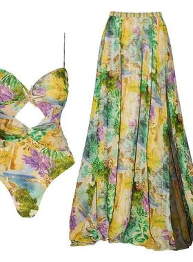 欧美泳装新款海星装饰碎花度假镂空连体泳衣和伞裙套装25149