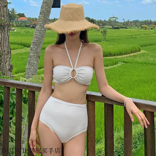 2025韩版比基尼性感露背高腰遮肚系带纯色简约分体泳衣女士bikini