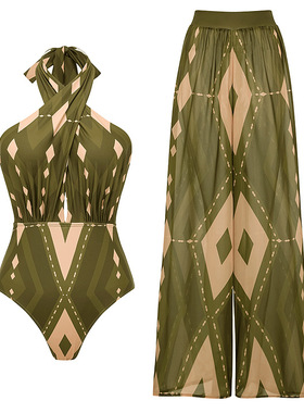 2026欧美泳装新款挂脖露背几何图案印花连体泳衣套装女跨境25368