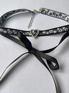 自制星星少女蝴蝶结锁骨项链爱心可拆卸双层叠戴颈链黑色装饰纯欲